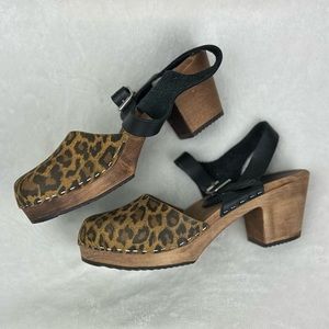 Lotta’s Leopard and Leather Wooden Swedish Clogs